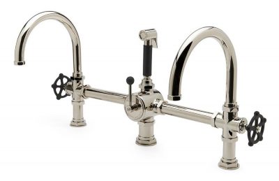Waterworks Regulator Gooseneck Double Spout Marquee Kitchen Faucet, Matte Black Wheel Handles and Spray